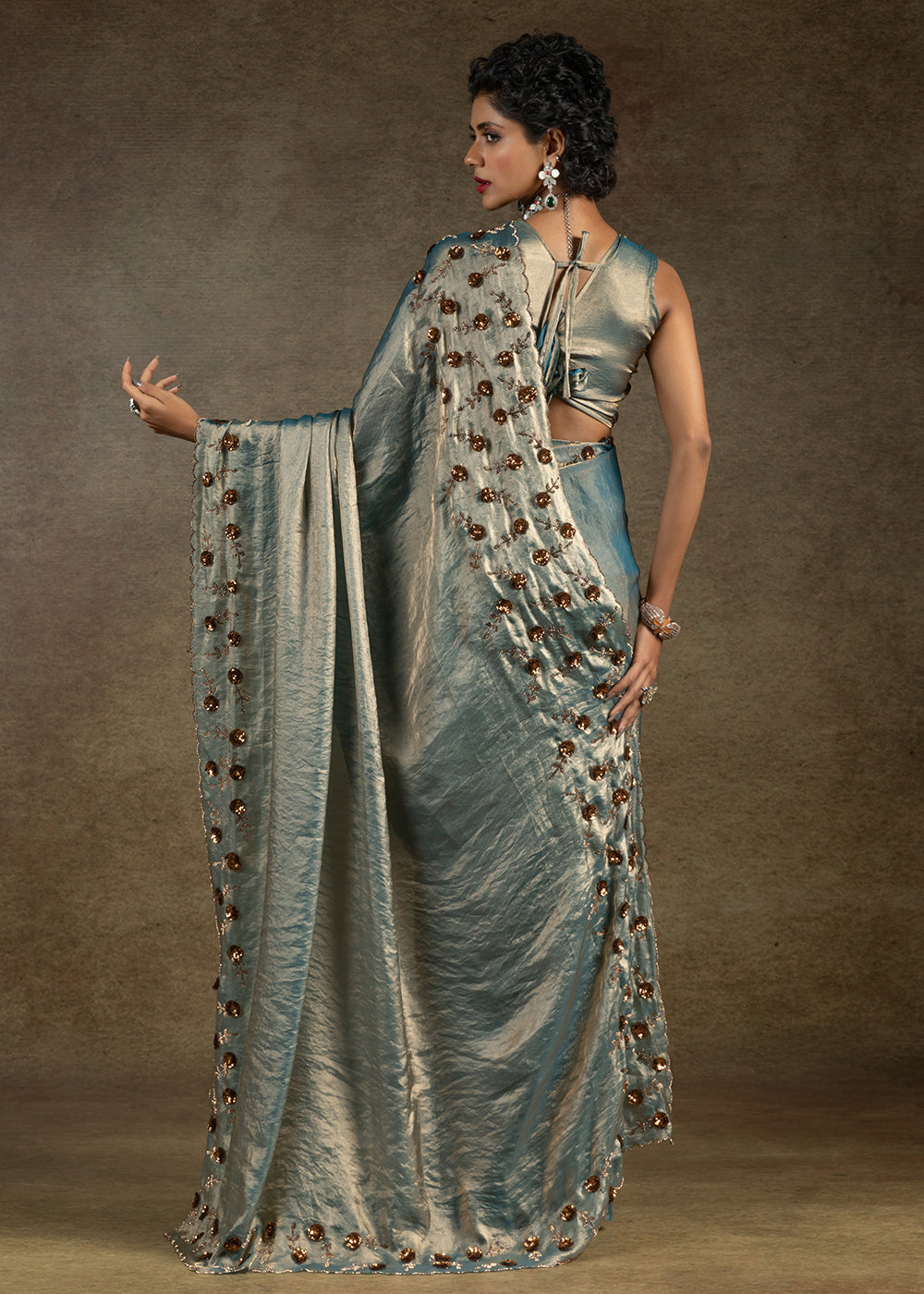 Blue Zarkan Work Embroidered Designer Party Wear Saree