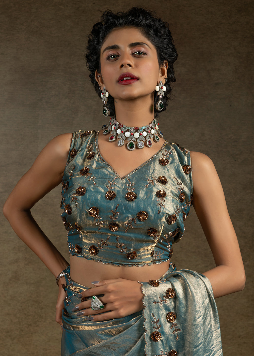 Blue Zarkan Work Embroidered Designer Party Wear Saree