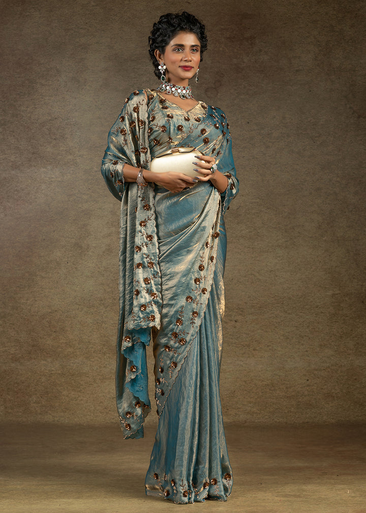 Blue Zarkan Work Embroidered Designer Party Wear Saree