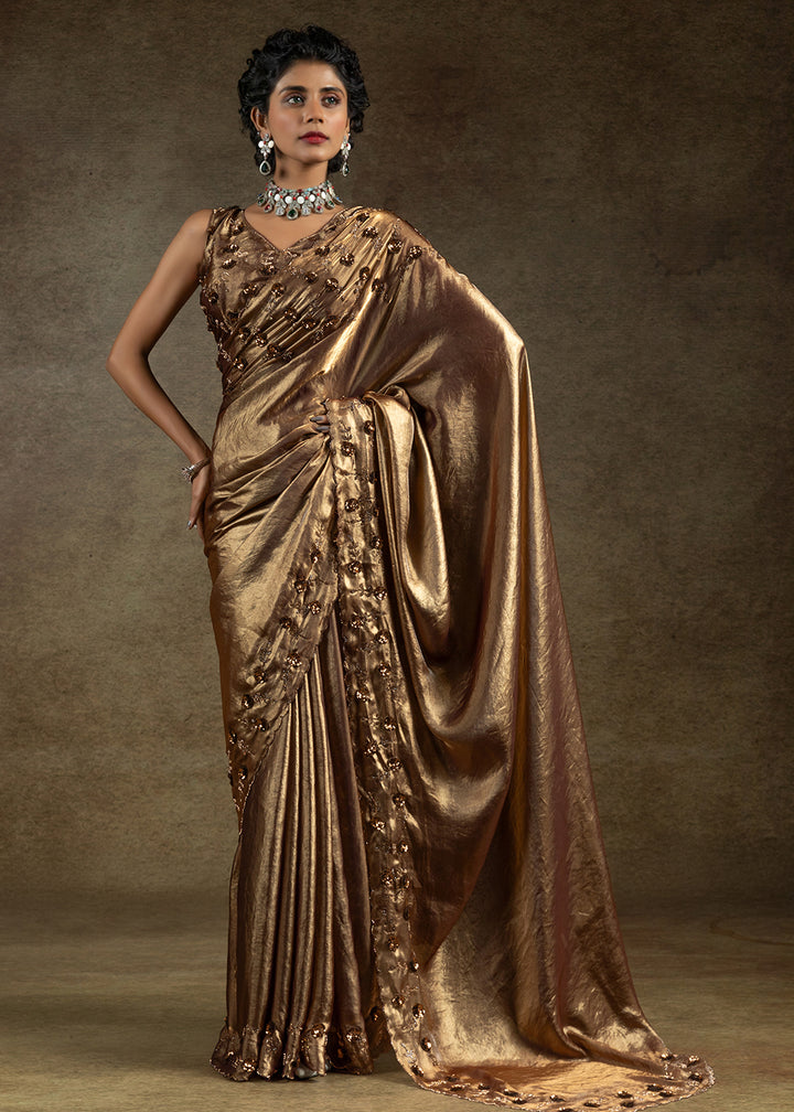 Brown Zarkan Work Embroidered Designer Party Wear Saree