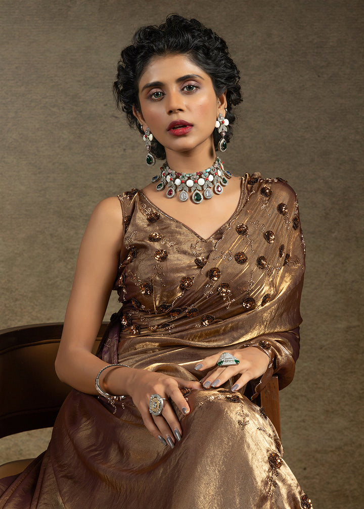 Brown Zarkan Work Embroidered Designer Party Wear Saree