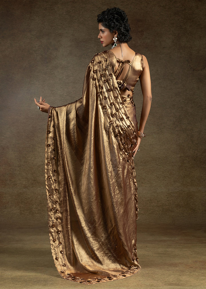 Brown Zarkan Work Embroidered Designer Party Wear Saree