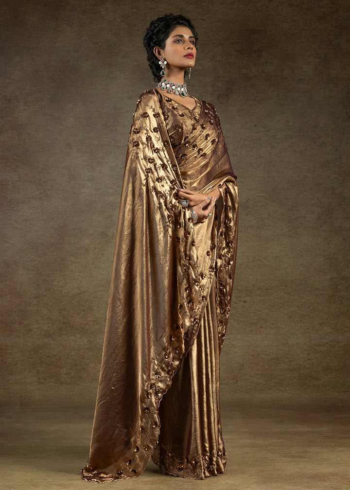 Brown Zarkan Work Embroidered Designer Party Wear Saree