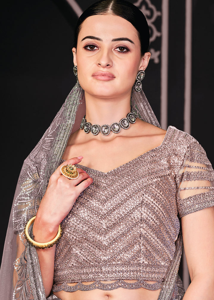 Buy Now Appealing Brown Net Embroidered Bridal Party Lehenga Choli Online in USA, UK, Canada, France, Italy, Germany, Australia & Worldwide at Empress Clothing.