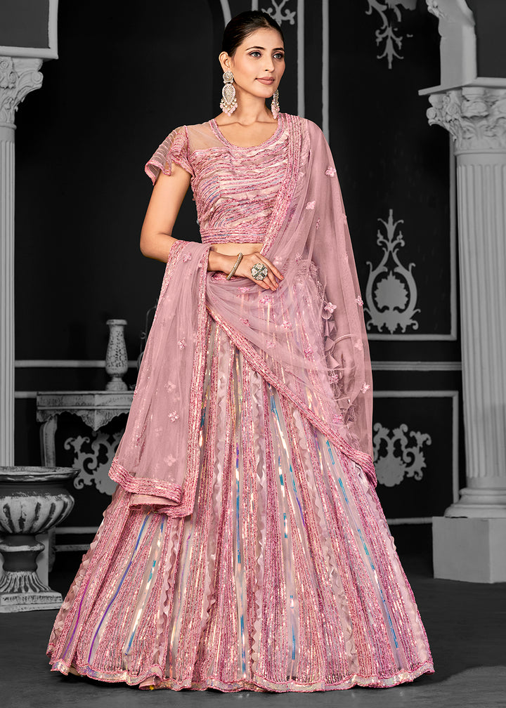 Buy Now Appealing Pink Net Embroidered Bridal Party Lehenga Choli Online in USA, UK, Canada, France, Italy, Germany, Australia & Worldwide at Empress Clothing.
