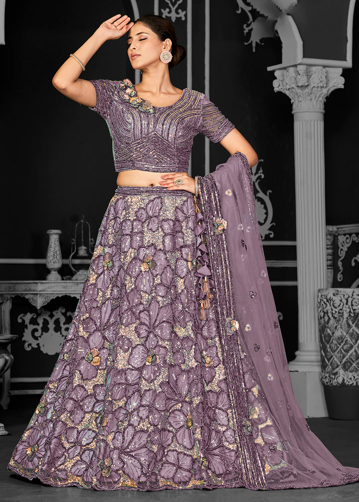 Buy Now Appealing Purple Net Embroidered Bridal Party Lehenga Choli Online in USA, UK, Canada, France, Italy, Germany, Australia & Worldwide at Empress Clothing.