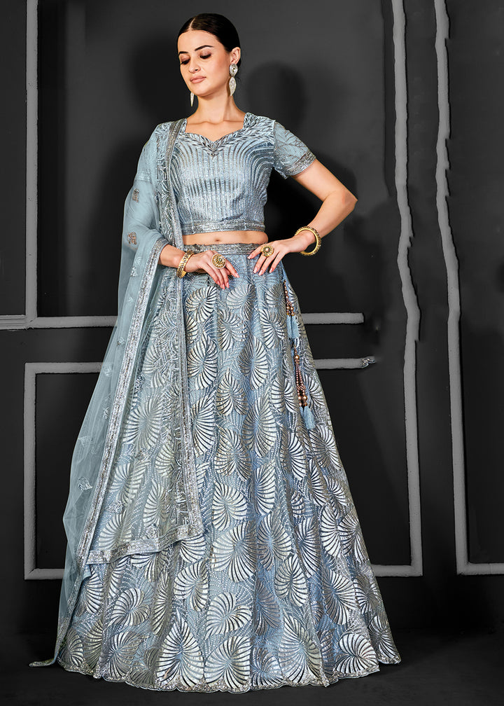 Buy Now Lovely Grey Net Embroidered Bridal Party Lehenga Choli Online in USA, UK, Canada, France, Italy, Germany, Australia & Worldwide at Empress Clothing.