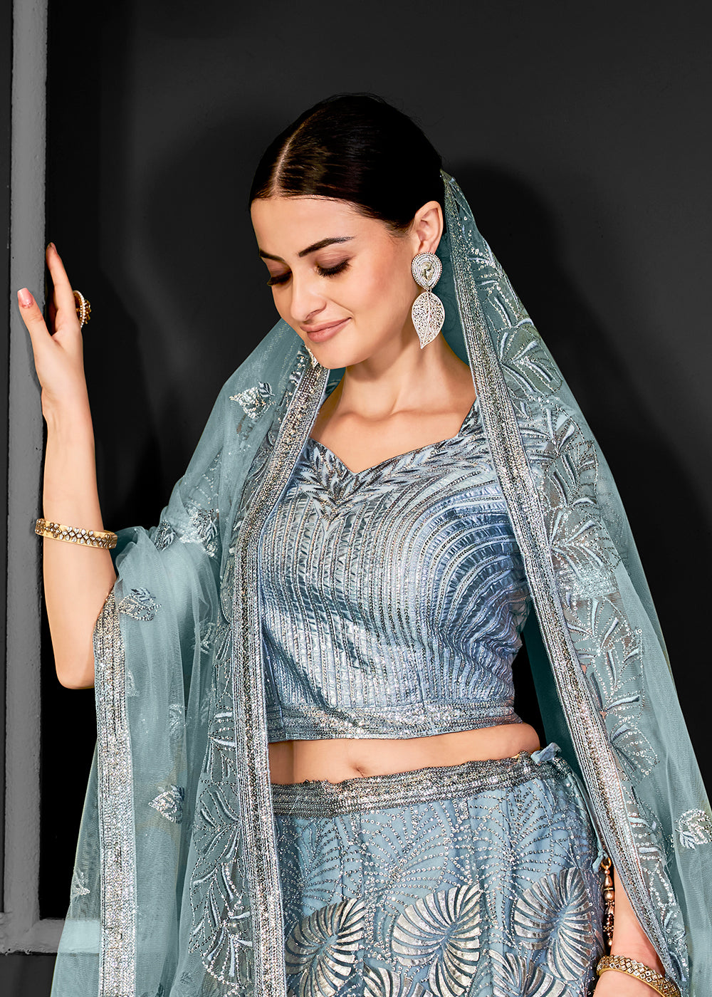 Buy Now Lovely Grey Net Embroidered Bridal Party Lehenga Choli Online in USA, UK, Canada, France, Italy, Germany, Australia & Worldwide at Empress Clothing.