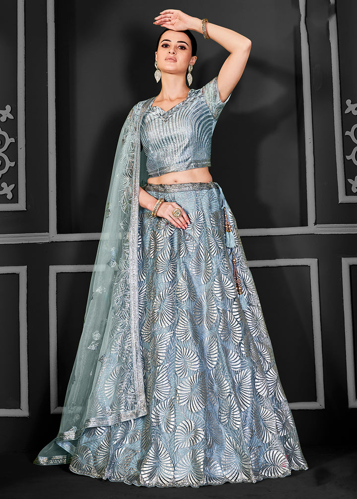 Buy Now Lovely Grey Net Embroidered Bridal Party Lehenga Choli Online in USA, UK, Canada, France, Italy, Germany, Australia & Worldwide at Empress Clothing.