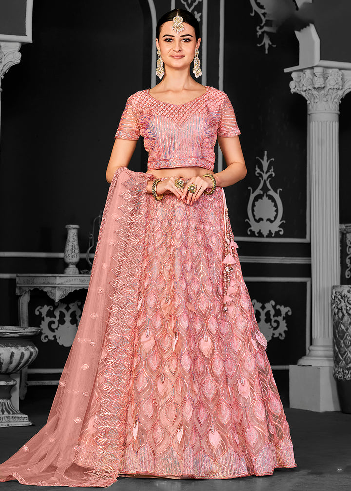 Buy Now Pretty Pink Net Embroidered Bridal Party Lehenga Choli Online in USA, UK, Canada, France, Italy, Germany, Australia & Worldwide at Empress Clothing.