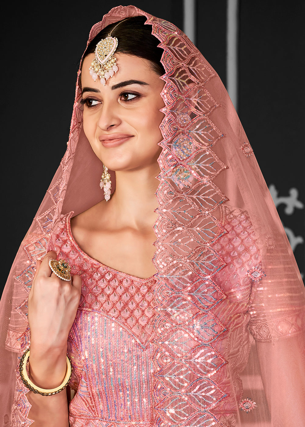 Buy Now Pretty Pink Net Embroidered Bridal Party Lehenga Choli Online in USA, UK, Canada, France, Italy, Germany, Australia & Worldwide at Empress Clothing.