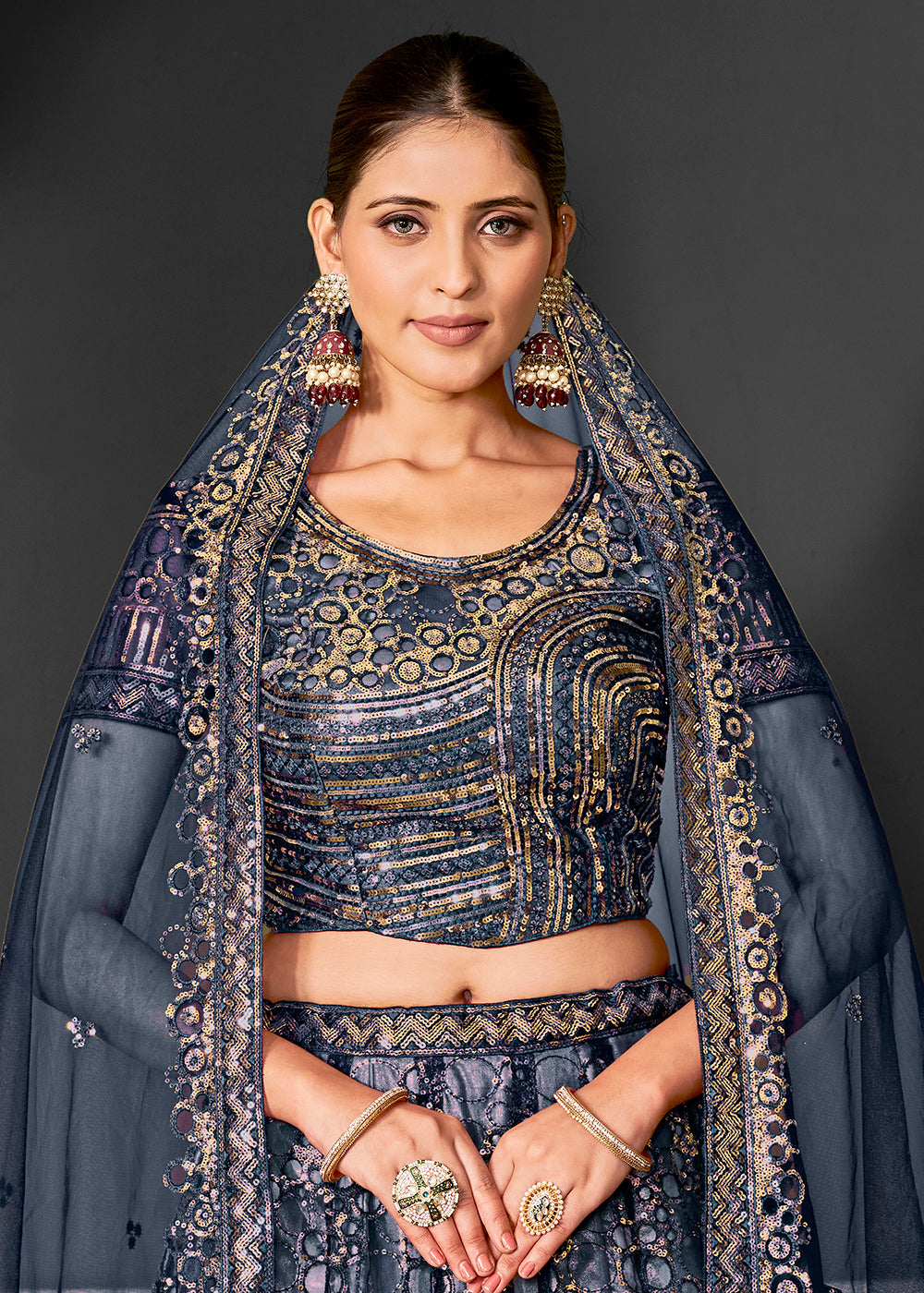 Buy Now Pretty Navy Net Embroidered Bridal Party Lehenga Choli Online in USA, UK, Canada, France, Italy, Germany, Australia & Worldwide at Empress Clothing.