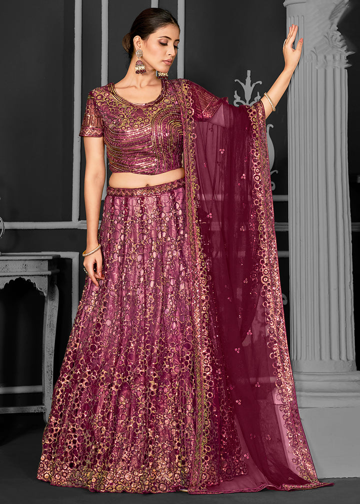 Buy Now Pretty Wine Net Embroidered Bridal Party Lehenga Choli Online in USA, UK, Canada, France, Italy, Germany, Australia & Worldwide at Empress Clothing.