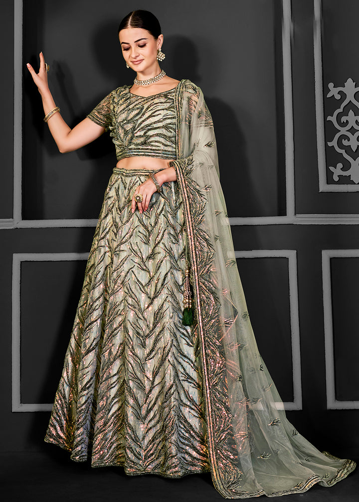 Buy Now Pretty Green Net Embroidered Bridal Party Lehenga Choli Online in USA, UK, Canada, France, Italy, Germany, Australia & Worldwide at Empress Clothing.