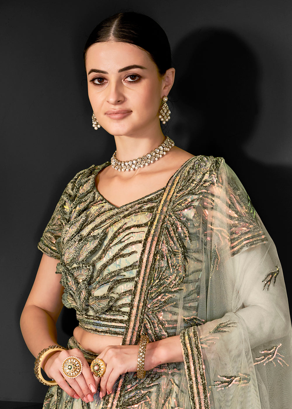 Buy Now Pretty Green Net Embroidered Bridal Party Lehenga Choli Online in USA, UK, Canada, France, Italy, Germany, Australia & Worldwide at Empress Clothing.