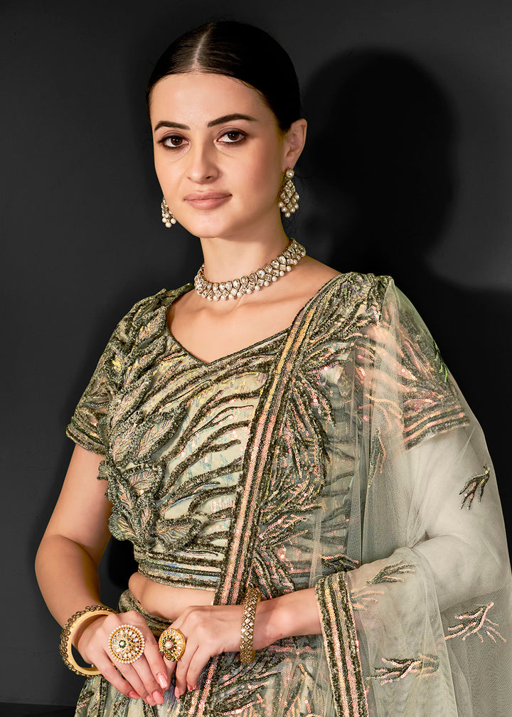 Buy Now Pretty Green Net Embroidered Bridal Party Lehenga Choli Online in USA, UK, Canada, France, Italy, Germany, Australia & Worldwide at Empress Clothing.