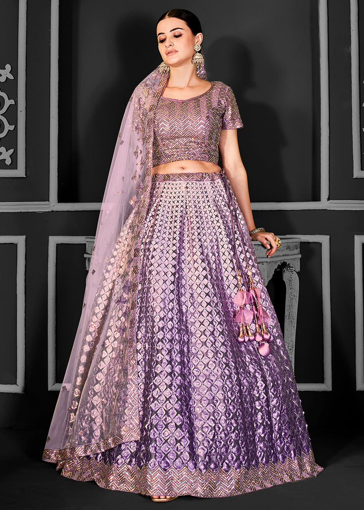 Buy Now Pretty Purple Net Embroidered Bridal Party Lehenga Choli Online in USA, UK, Canada, France, Italy, Germany, Australia & Worldwide at Empress Clothing.