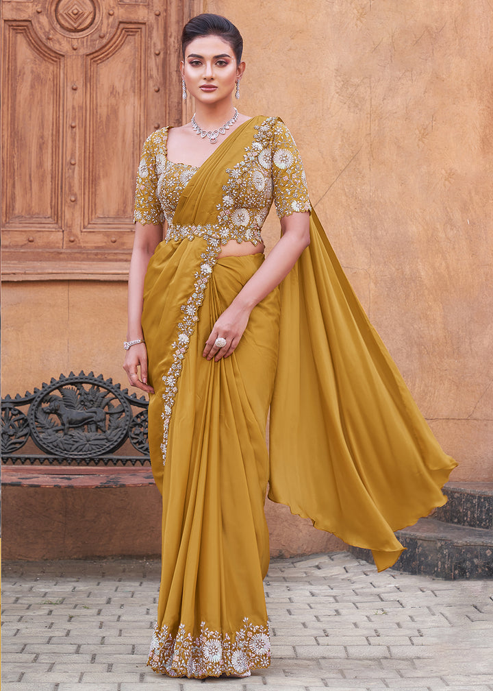Buy Mustard Embroidered Designer Ready to Wear Saree Online in US, UK, Canada, Spain, France, Germany, Italy, Austria, Spain, UAE, Qatar & Worldwide at Empress.