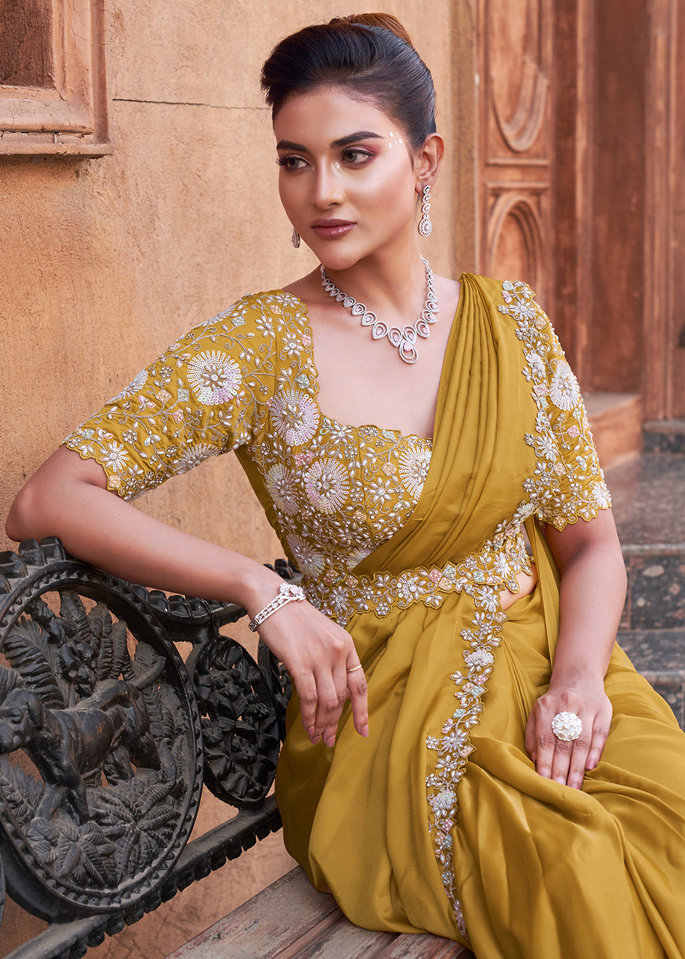 Buy Mustard Embroidered Designer Ready to Wear Saree Online in US, UK, Canada, Spain, France, Germany, Italy, Austria, Spain, UAE, Qatar & Worldwide at Empress.