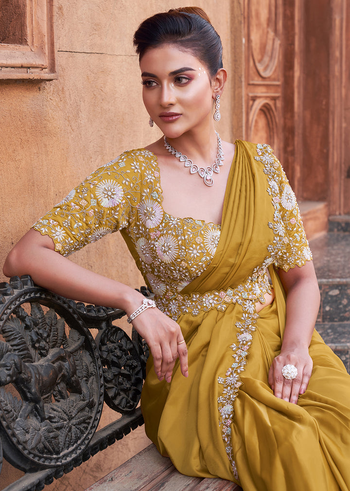 Buy Mustard Embroidered Designer Ready to Wear Saree Online in US, UK, Canada, Spain, France, Germany, Italy, Austria, Spain, UAE, Qatar & Worldwide at Empress.