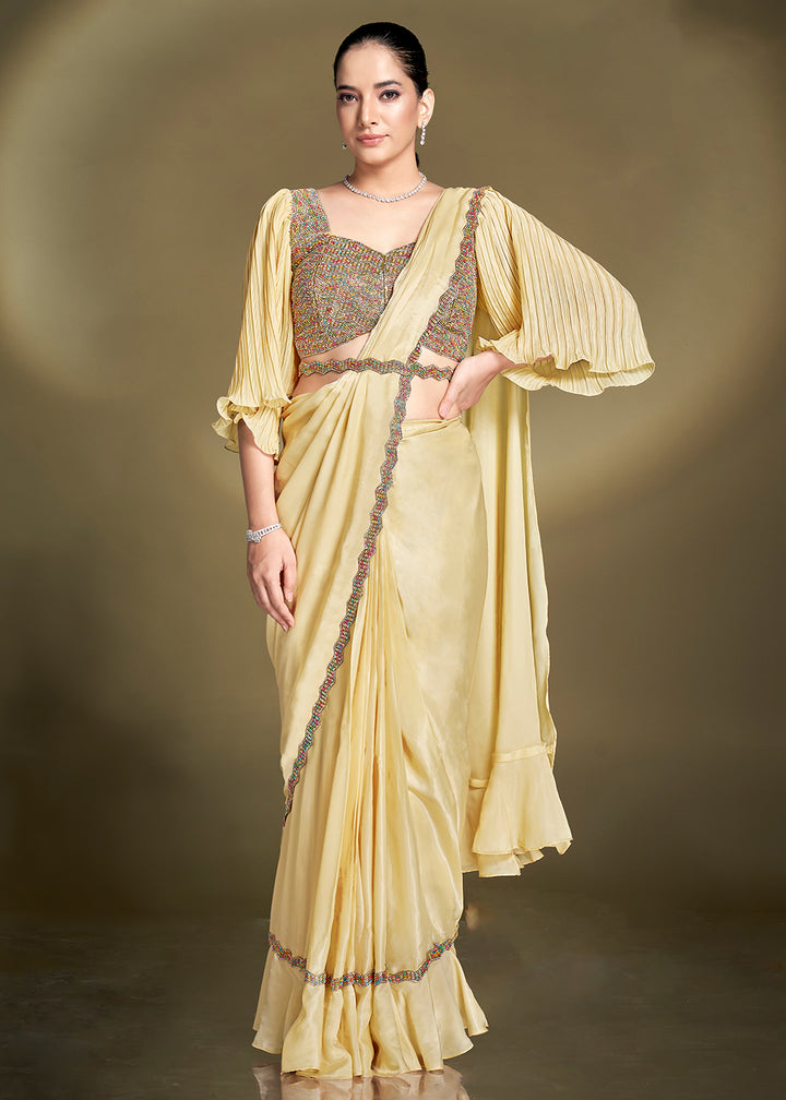 Buy Pretty Yellow Satin Silk Embroidered Ready to Wear Saree Online in US, UK, Canada, Spain, France, Germany, Italy, Austria, UAE, Qatar & Worldwide at Empress