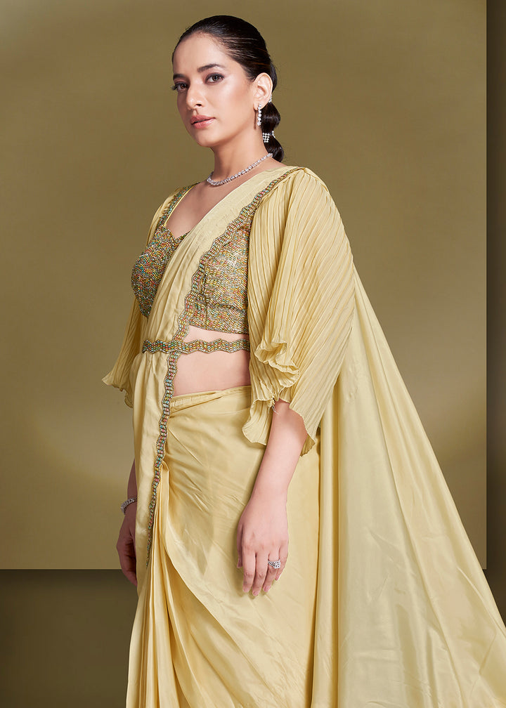 Buy Pretty Yellow Satin Silk Embroidered Ready to Wear Saree Online in US, UK, Canada, Spain, France, Germany, Italy, Austria, UAE, Qatar & Worldwide at Empress