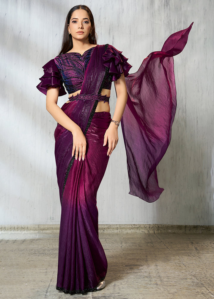 Buy Charming Wine Designer Embroidered Party Wear Saree Online in US, UK, Canada, Spain, France, Germany, Italy, Austria, Spain, UAE & Worldwide at Empress.