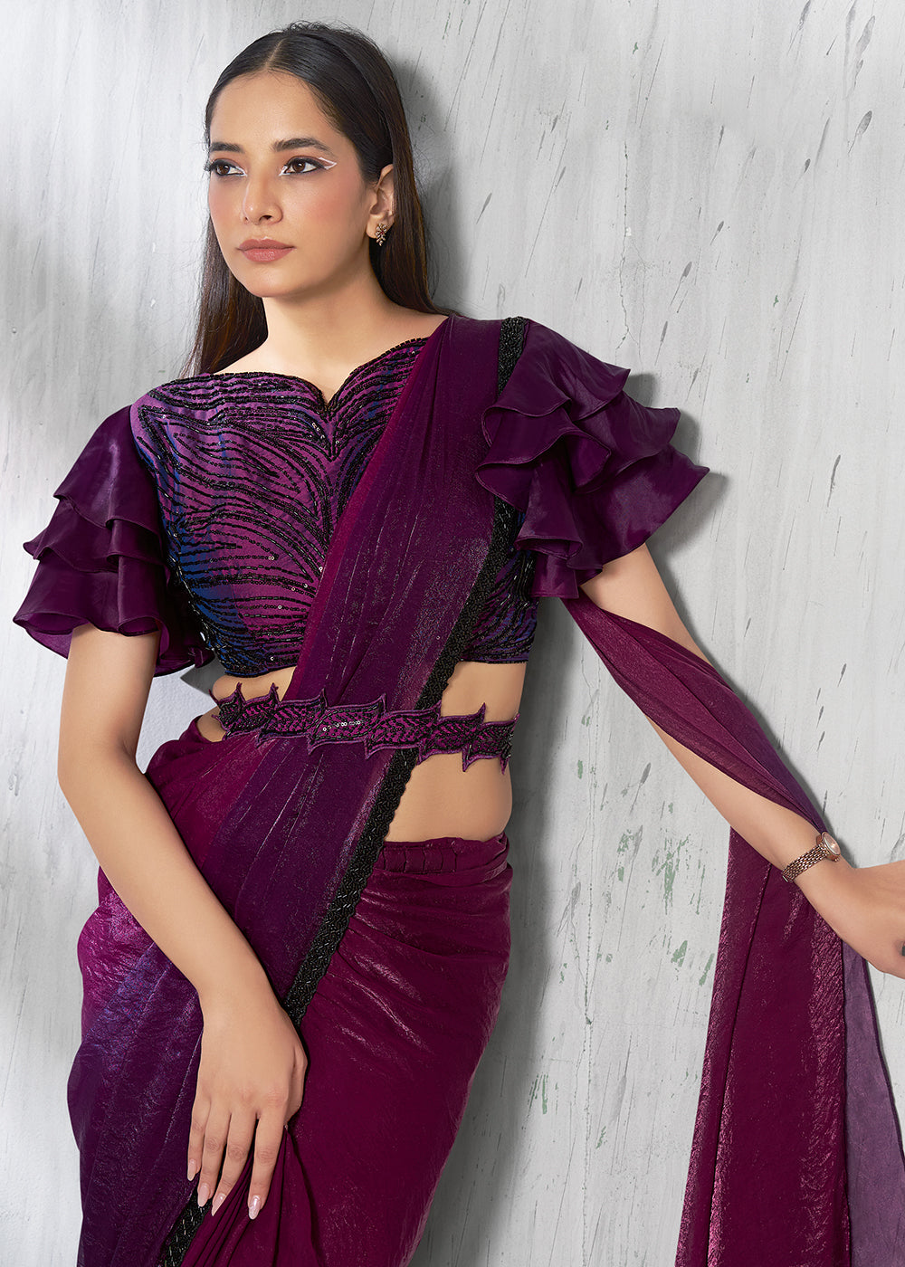 Buy Charming Wine Designer Embroidered Party Wear Saree Online in US, UK, Canada, Spain, France, Germany, Italy, Austria, Spain, UAE & Worldwide at Empress.