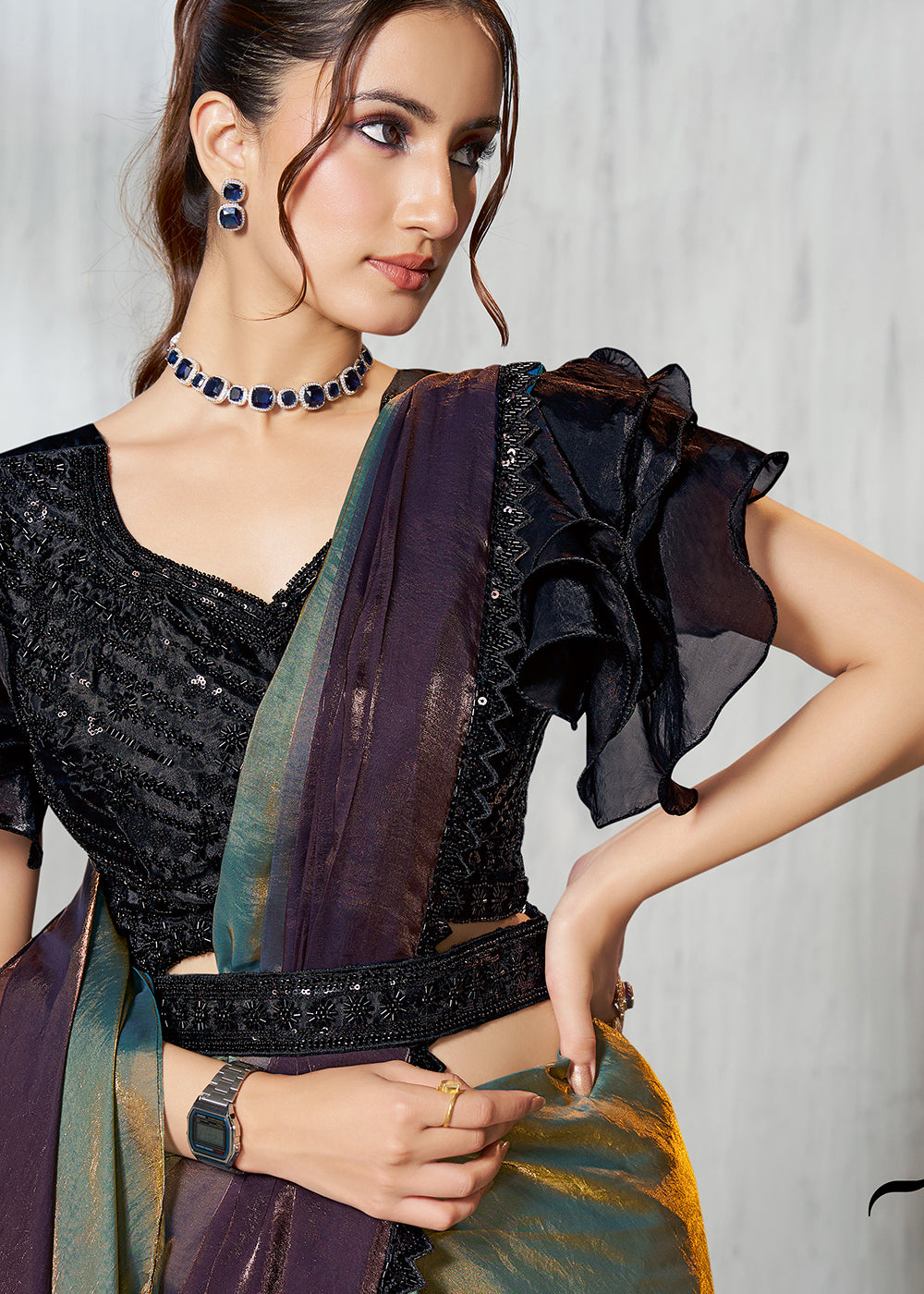 Buy Teal & Black Designer Embroidered Party Wear Saree Online in US, UK, Canada, Spain, France, Germany, Italy, Austria, Spain, UAE & Worldwide at Empress.