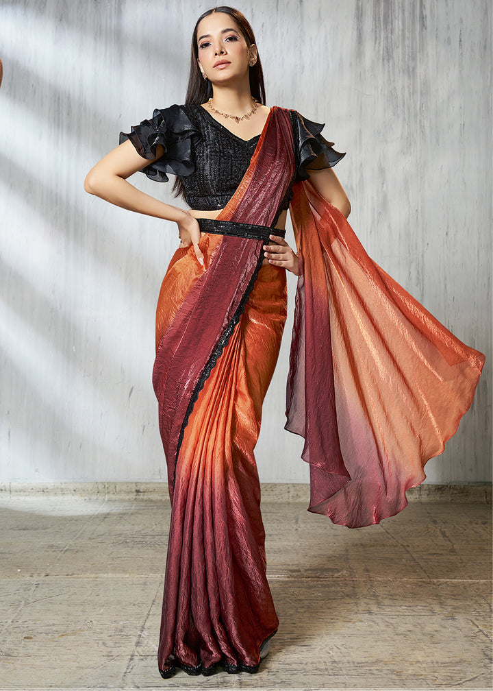 Buy Charming Rust Designer Embroidered Party Wear Saree Online in US, UK, Canada, Spain, France, Germany, Italy, Austria, Spain, UAE & Worldwide at Empress.