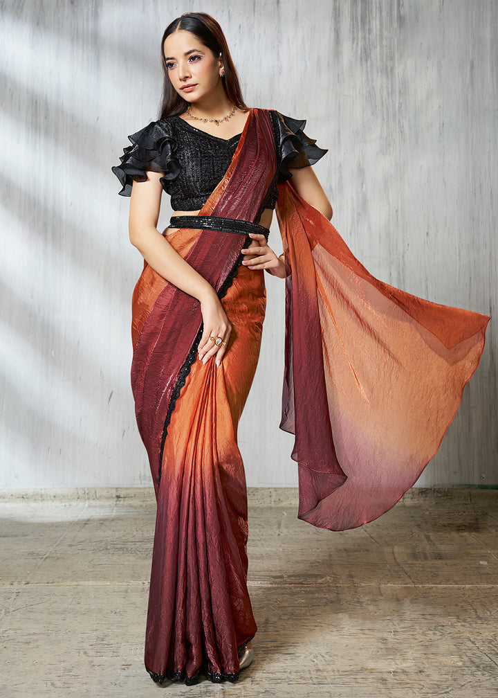 Buy Charming Rust Designer Embroidered Party Wear Saree Online in US, UK, Canada, Spain, France, Germany, Italy, Austria, Spain, UAE & Worldwide at Empress.