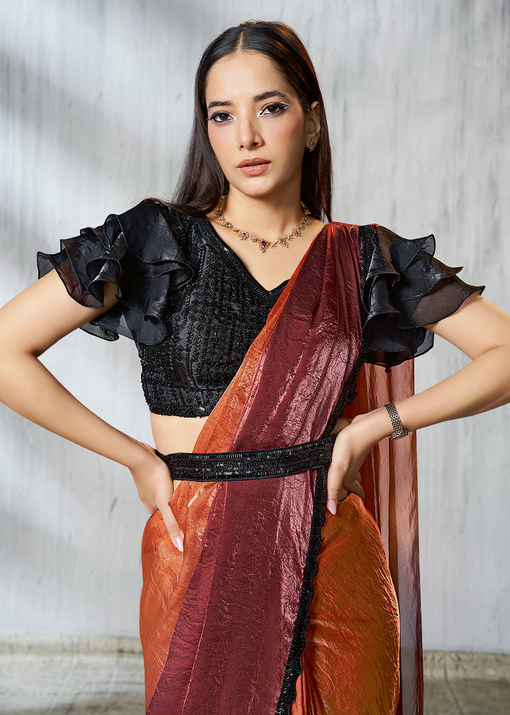 Buy Charming Rust Designer Embroidered Party Wear Saree Online in US, UK, Canada, Spain, France, Germany, Italy, Austria, Spain, UAE & Worldwide at Empress.