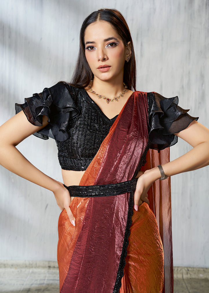 Buy Charming Rust Designer Embroidered Party Wear Saree Online in US, UK, Canada, Spain, France, Germany, Italy, Austria, Spain, UAE & Worldwide at Empress.