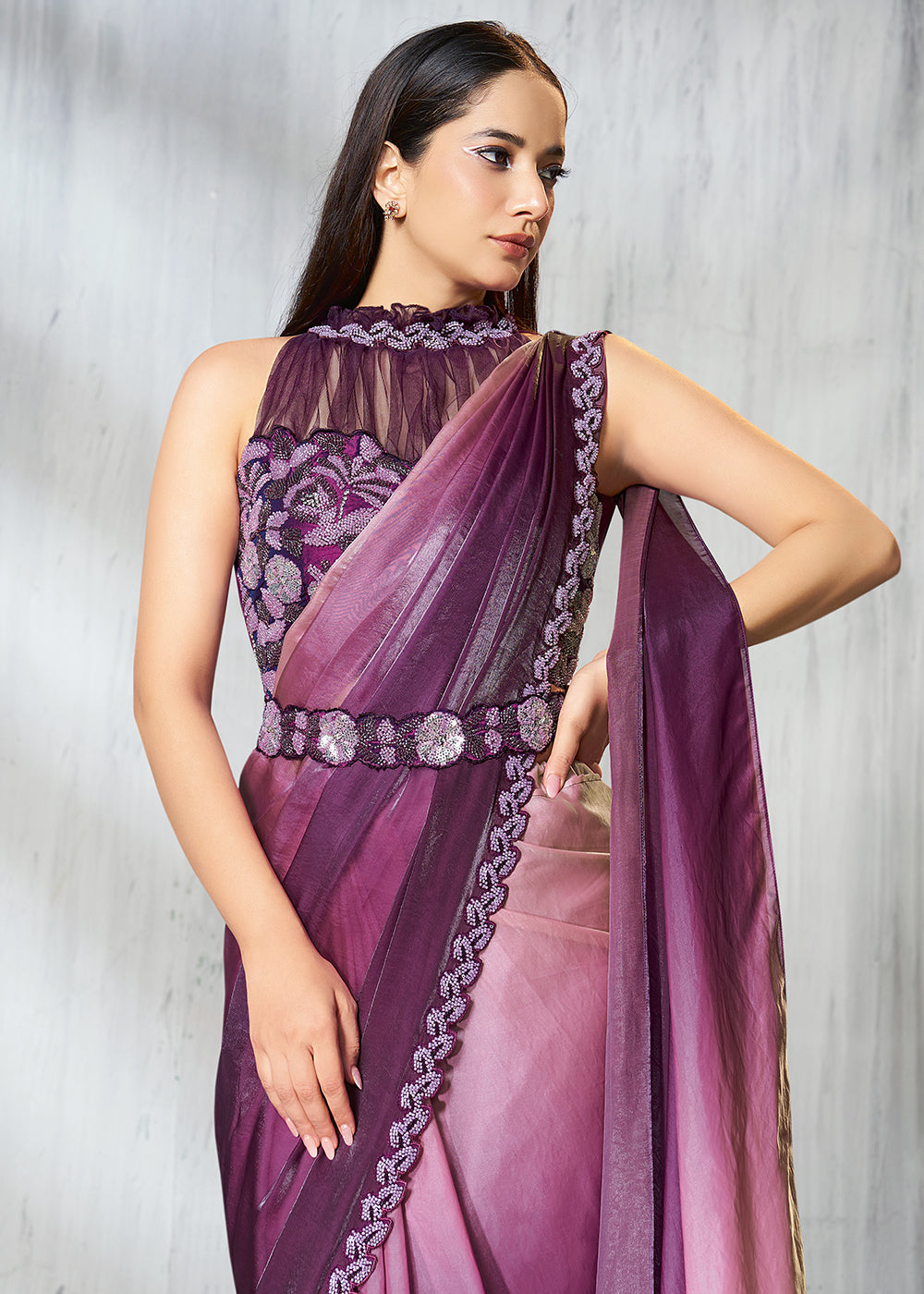 Buy Shaded Wine Designer Embroidered Party Wear Saree Online in US, UK, Canada, Spain, France, Germany, Italy, Austria, Spain, UAE & Worldwide at Empress.