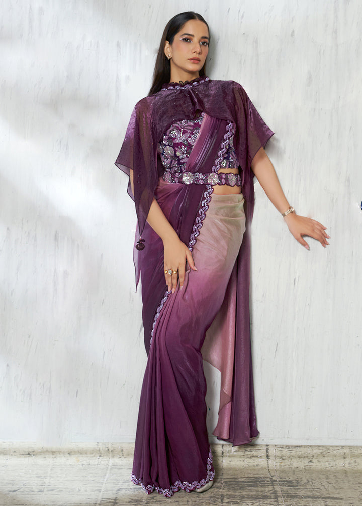 Buy Shaded Wine Designer Embroidered Party Wear Saree Online in US, UK, Canada, Spain, France, Germany, Italy, Austria, Spain, UAE & Worldwide at Empress.
