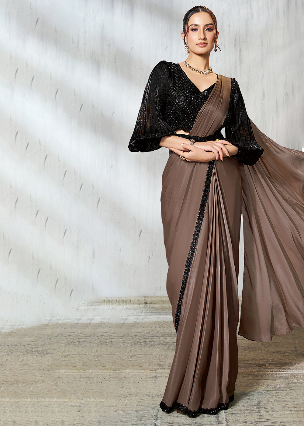 Buy Chiku Black Designer Embroidered Party Wear Saree Online in USA, UK, Canada, Spain, France, Germany, Italy, Austria, Spain, Japan & Worldwide at Empress.