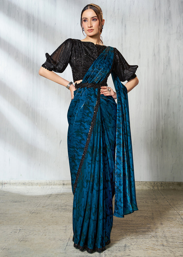 Buy Rama Blue Designer Embroidered Party Wear Saree Online in USA, UK, Canada, Spain, France, Germany, Italy, Austria, Spain, Japan, UAE & Worldwide at Empress.