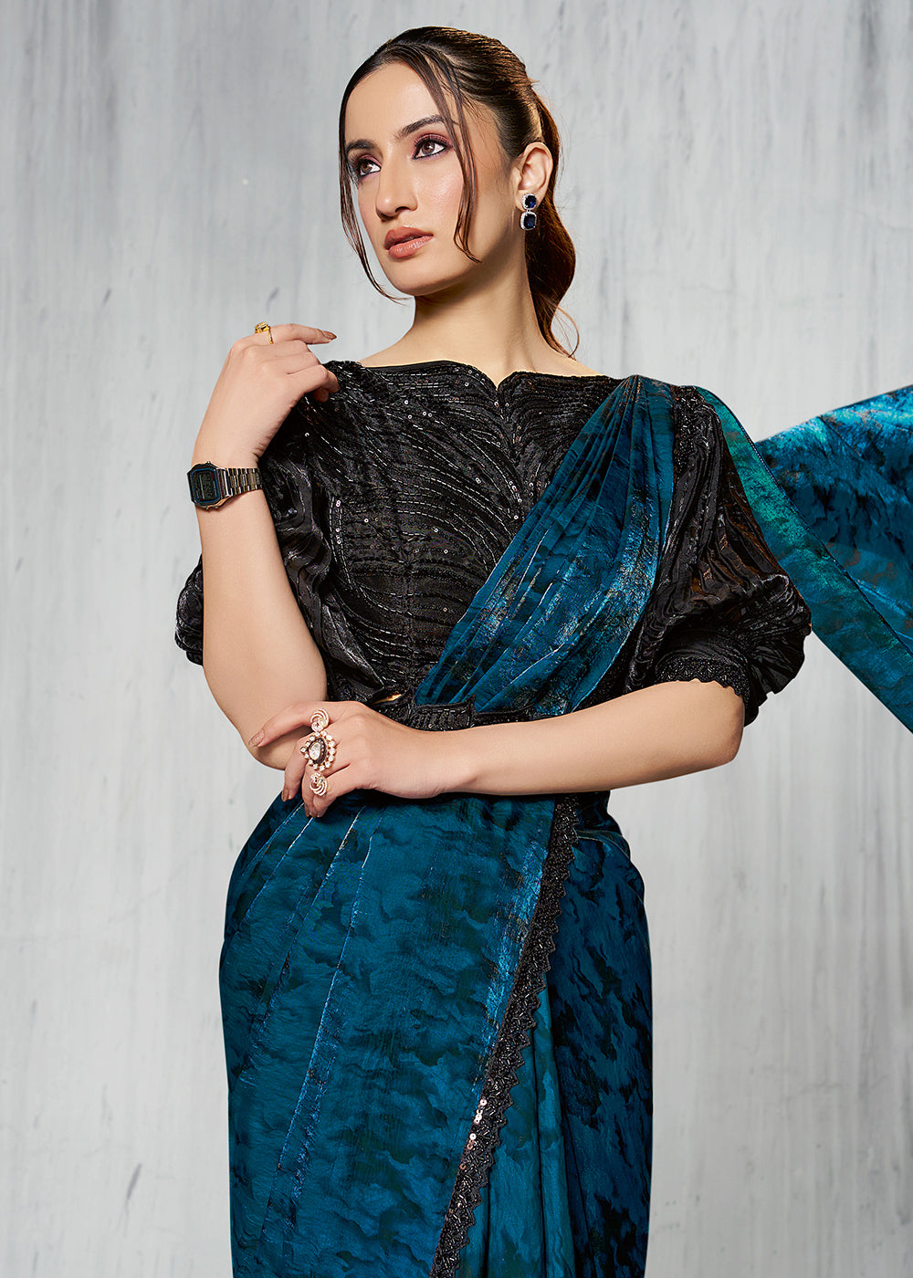 Buy Rama Blue Designer Embroidered Party Wear Saree Online in USA, UK, Canada, Spain, France, Germany, Italy, Austria, Spain, Japan, UAE & Worldwide at Empress.