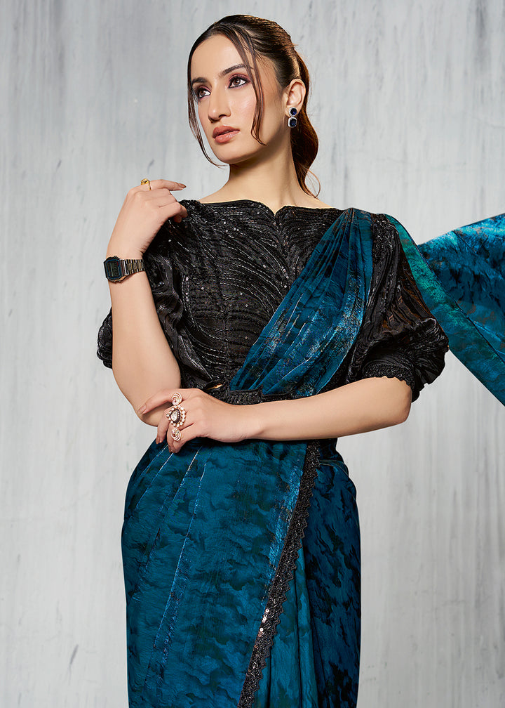 Buy Rama Blue Designer Embroidered Party Wear Saree Online in USA, UK, Canada, Spain, France, Germany, Italy, Austria, Spain, Japan, UAE & Worldwide at Empress.