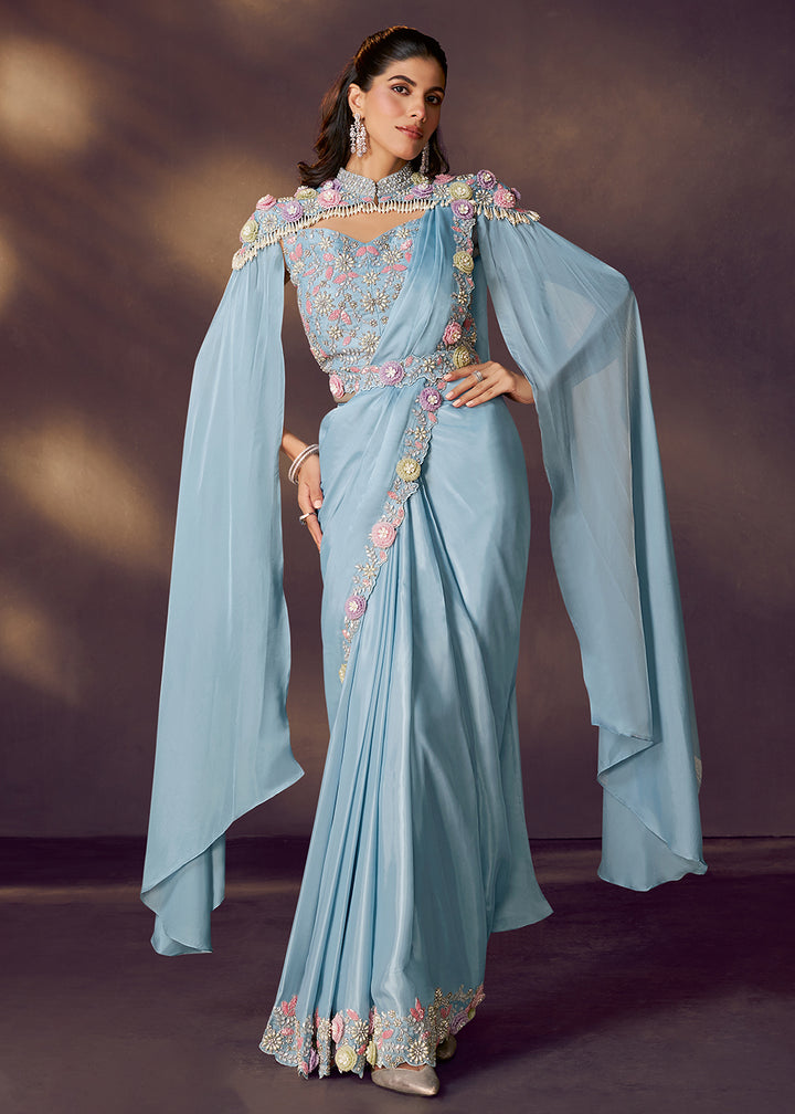 Buy Rama Breeze Blue Designer Party Style Pre Draped Saree Online in USA, UK, Canada, Spain, France, Germany, Italy, Austria, Spain, UAE & Worldwide at Empress.