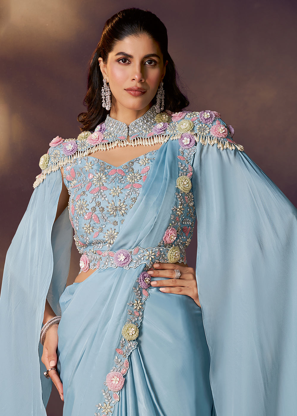 Buy Rama Breeze Blue Designer Party Style Pre Draped Saree Online in USA, UK, Canada, Spain, France, Germany, Italy, Austria, Spain, UAE & Worldwide at Empress.