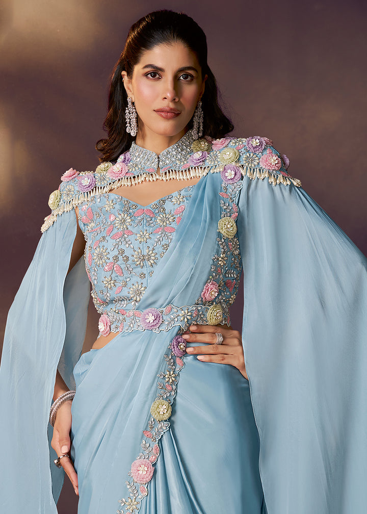Buy Rama Breeze Blue Designer Party Style Pre Draped Saree Online in USA, UK, Canada, Spain, France, Germany, Italy, Austria, Spain, UAE & Worldwide at Empress.