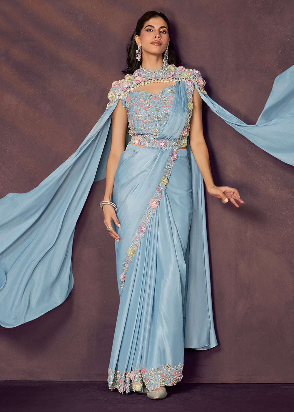 Buy Rama Breeze Blue Designer Party Style Pre Draped Saree Online in USA, UK, Canada, Spain, France, Germany, Italy, Austria, Spain, UAE & Worldwide at Empress.