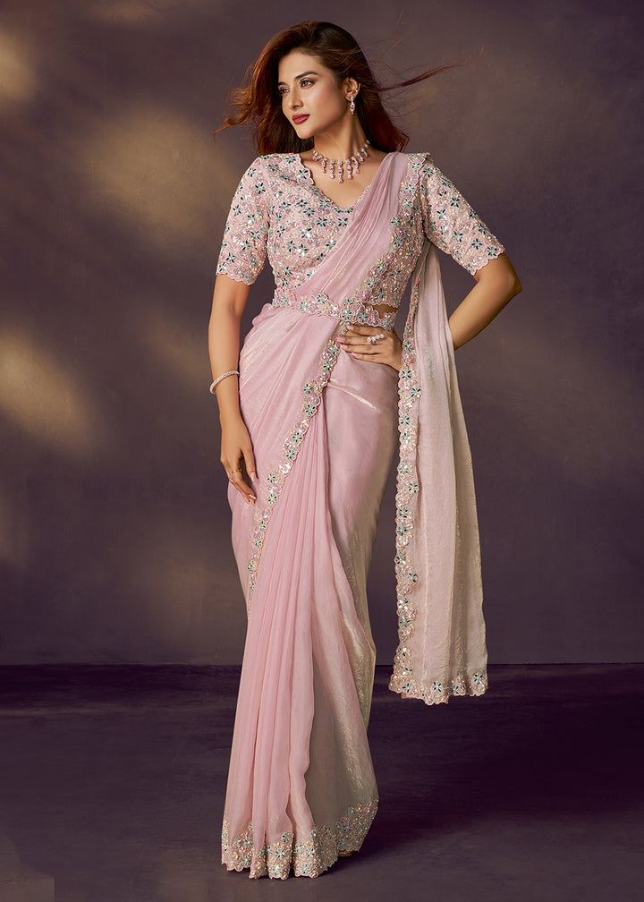 Buy Baby Pink Designer Party Style Pre Draped Saree Online in USA, UK, Canada, Spain, France, Germany, Italy, Austria, Ireland, Sweden & Worldwide at Empress.