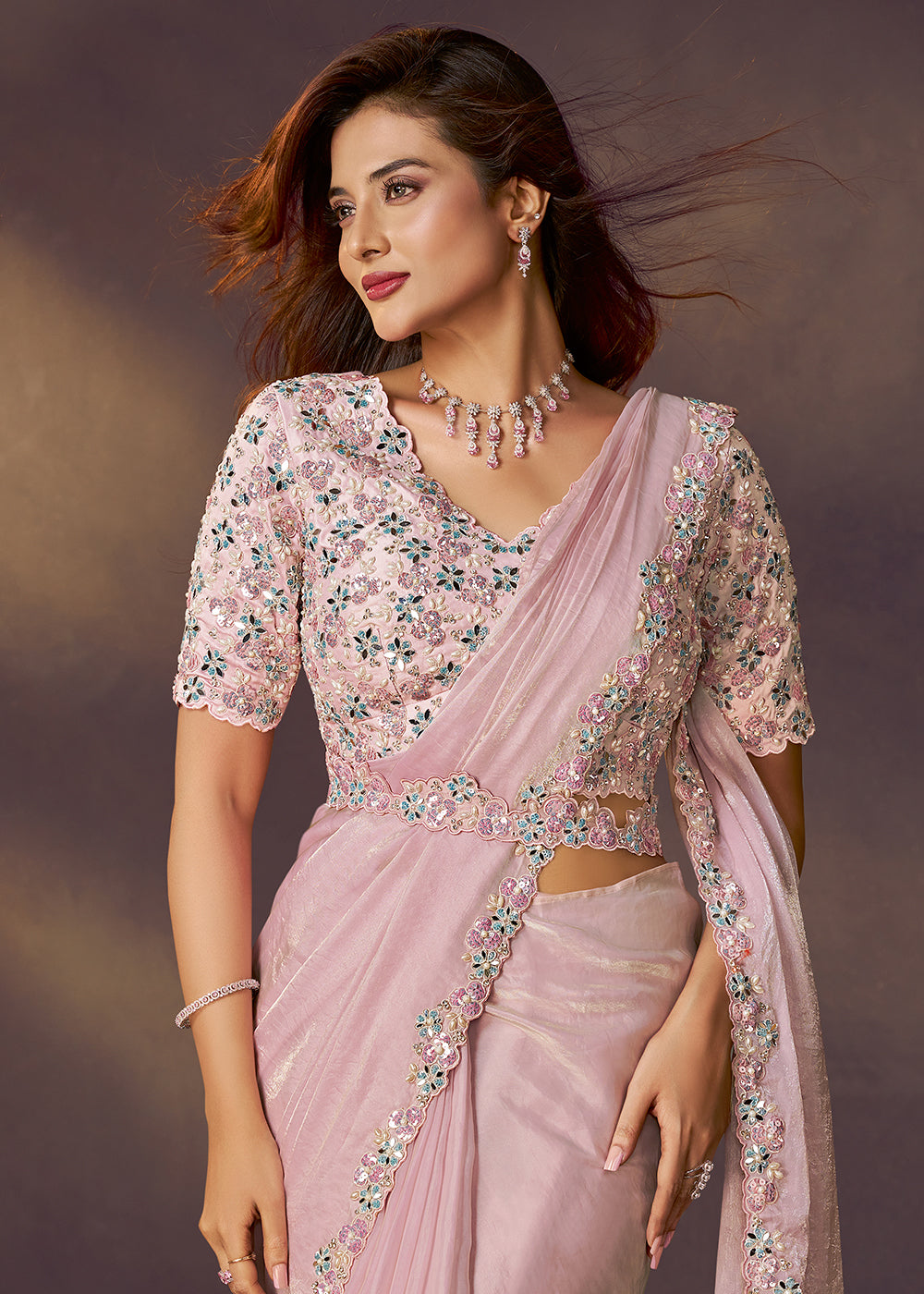 Buy Baby Pink Designer Party Style Pre Draped Saree Online in USA, UK, Canada, Spain, France, Germany, Italy, Austria, Ireland, Sweden & Worldwide at Empress.