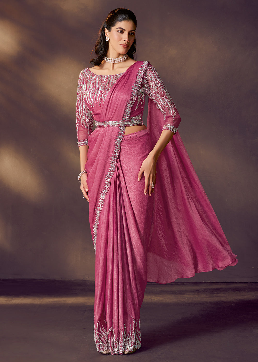 Buy Onion Pink Designer Party Style Pre Draped Saree Online in USA, UK, Canada, Spain, France, Germany, Italy, Austria, Ireland, Sweden & Worldwide at Empress.