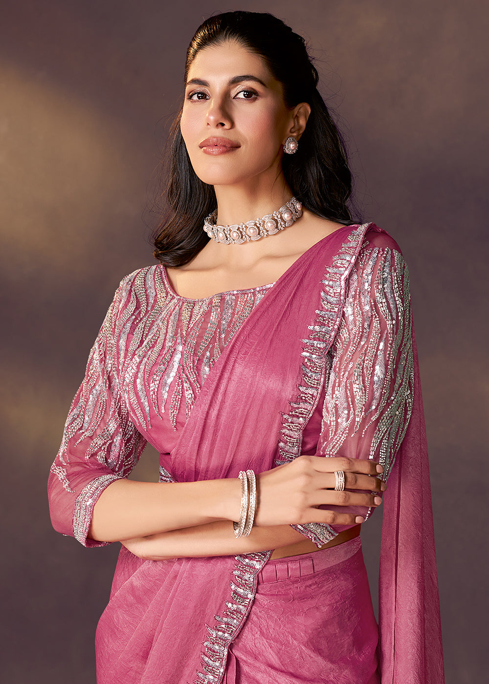 Buy Onion Pink Designer Party Style Pre Draped Saree Online in USA, UK, Canada, Spain, France, Germany, Italy, Austria, Ireland, Sweden & Worldwide at Empress.