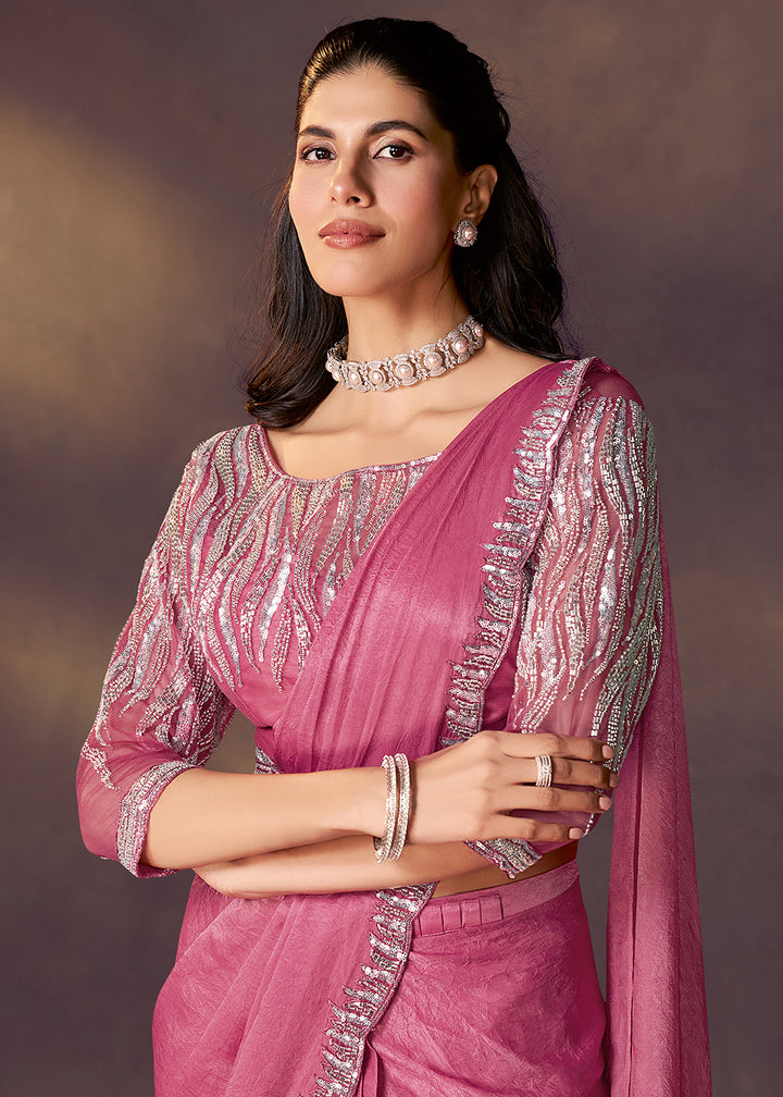 Buy Onion Pink Designer Party Style Pre Draped Saree Online in USA, UK, Canada, Spain, France, Germany, Italy, Austria, Ireland, Sweden & Worldwide at Empress.