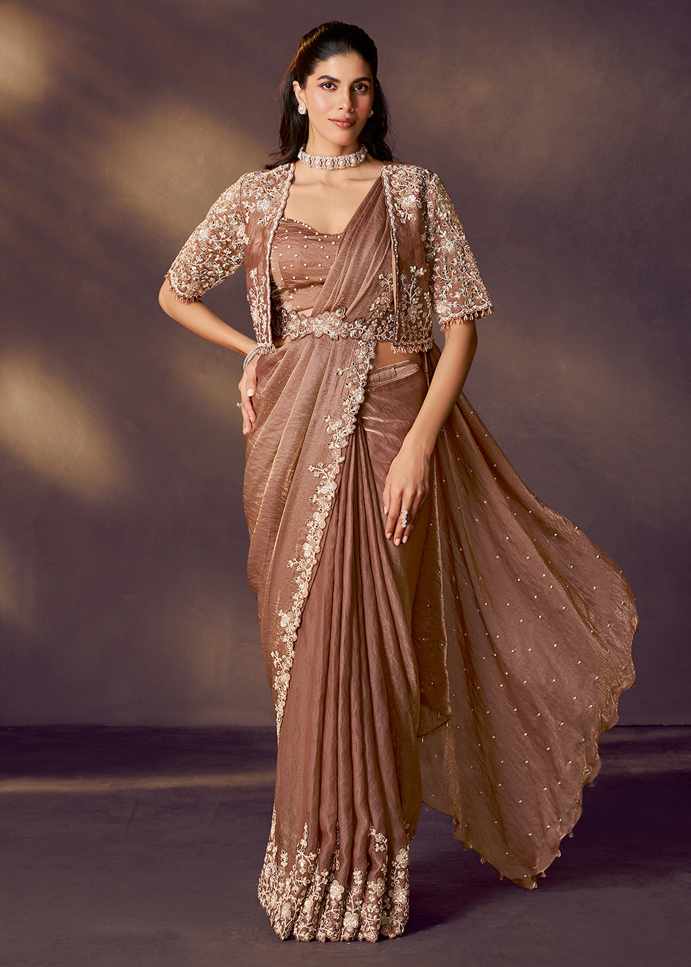 Buy Brown Designer Party Style Pre Draped Saree Online in USA, UK, Canada, Spain, France, Germany, Italy, Austria, Ireland, Sweden, UAE & Worldwide at Empress.