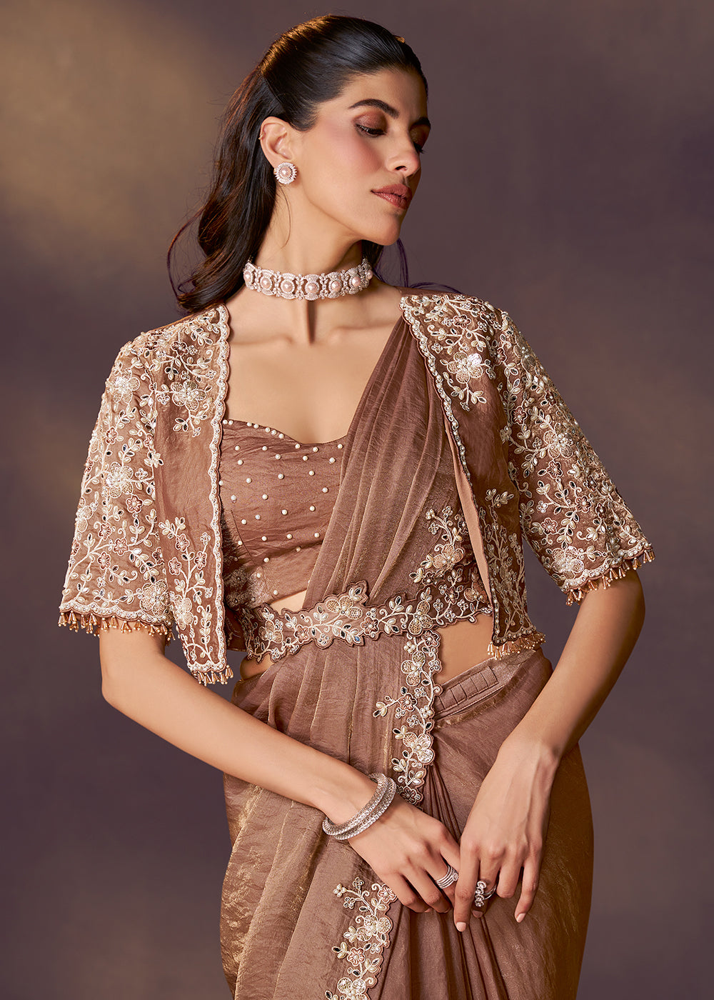 Buy Brown Designer Party Style Pre Draped Saree Online in USA, UK, Canada, Spain, France, Germany, Italy, Austria, Ireland, Sweden, UAE & Worldwide at Empress.